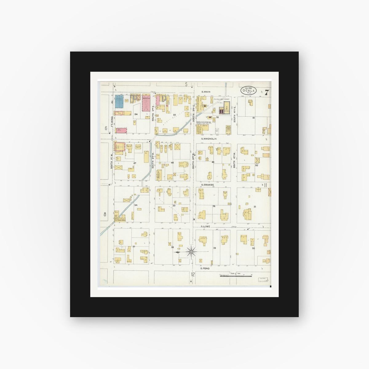 Old map wall art mockup — black gallery frame with white mat — Sanborn Fire Insurance Map from Ocala, Marion County, Florida (1906), Sheet #0007