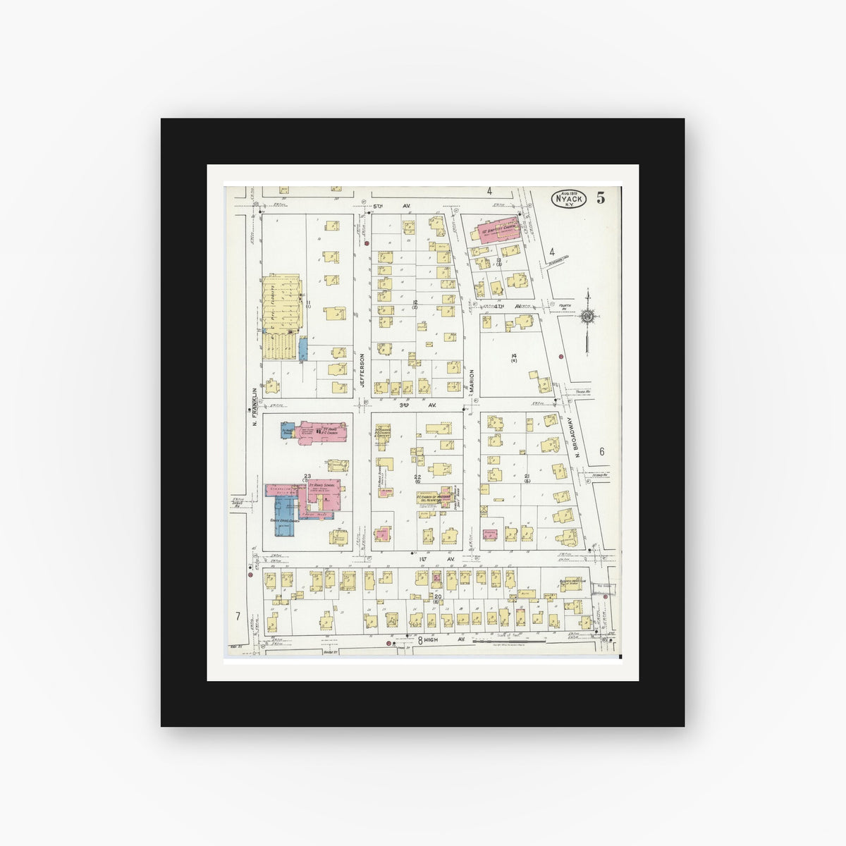 Old map wall art mockup — black gallery frame with white mat — Sanborn Fire Insurance Map from Nyack, Rockland County, New York (1919), Sheet #0005