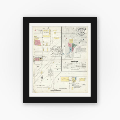 Old map wall art mockup — black gallery frame with white mat — Sanborn Fire Insurance Map from Hamlin, Jones County, Texas (1913), Sheet #0001