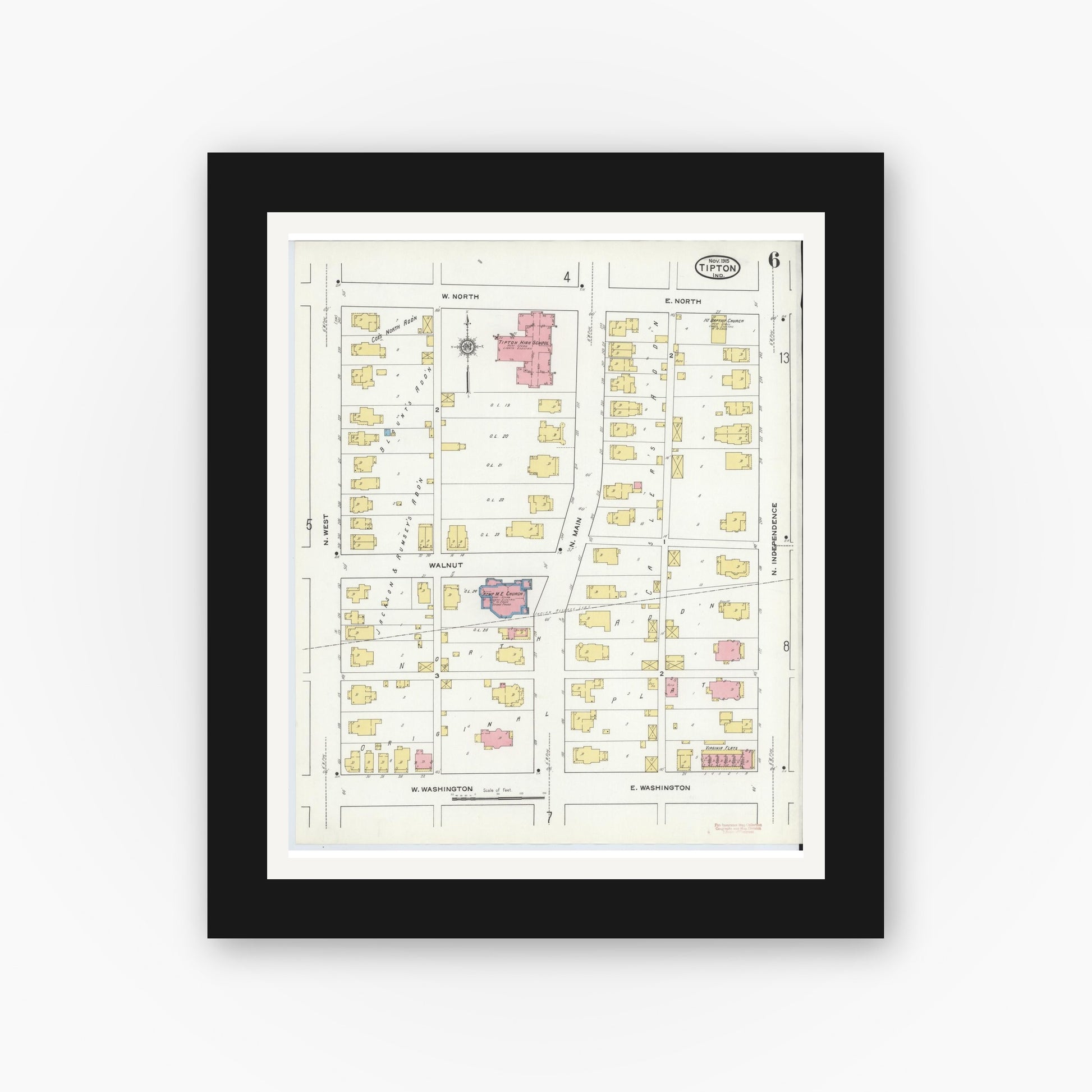 Old map wall art mockup — black gallery frame with white mat — Sanborn Fire Insurance Map from Tipton, Tipton County, Indiana (1915), Sheet #0006