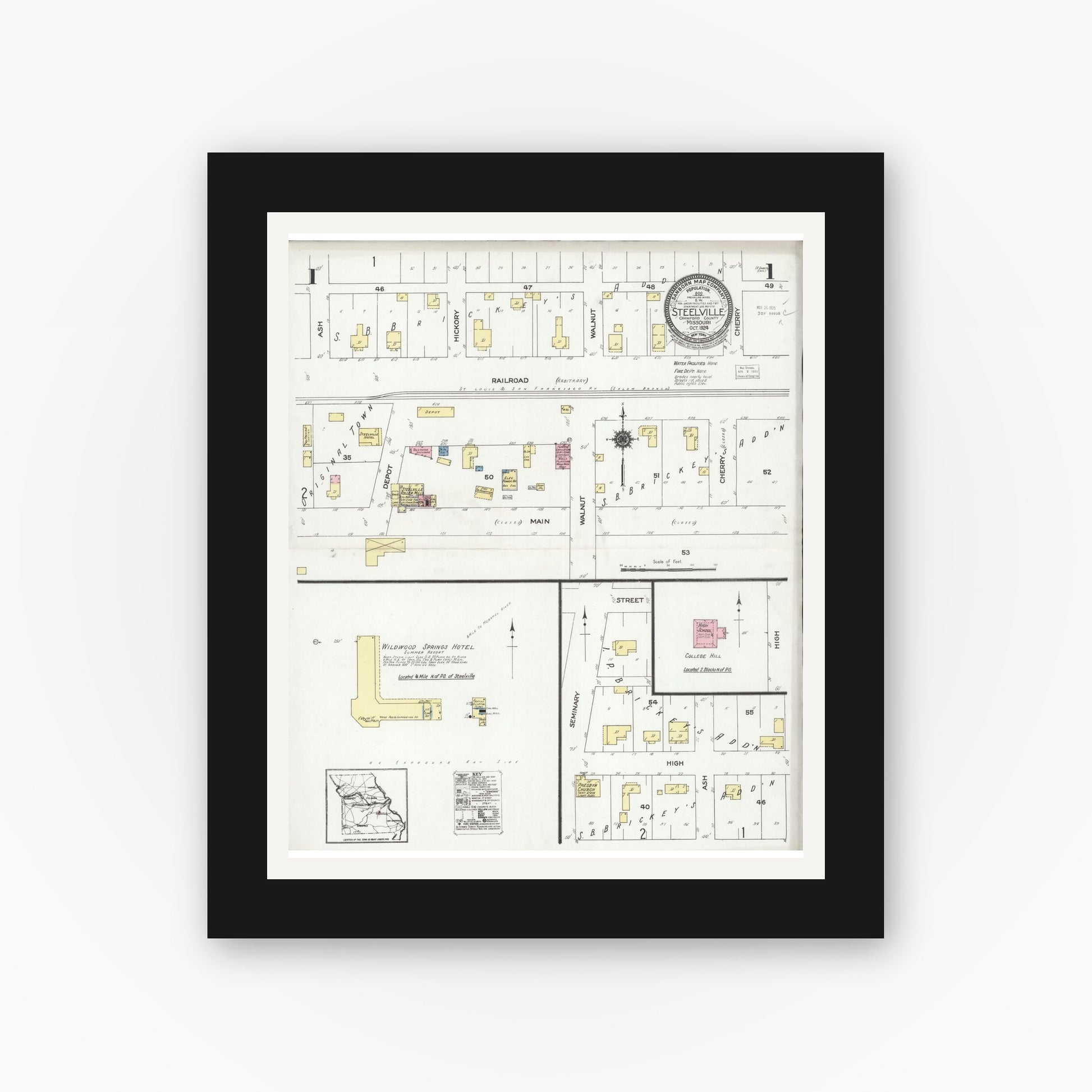 Old map wall art mockup — black gallery frame with white mat — Sanborn Fire Insurance Map from Steelville, Crawford County, Missouri (1924) - Complete Map Set