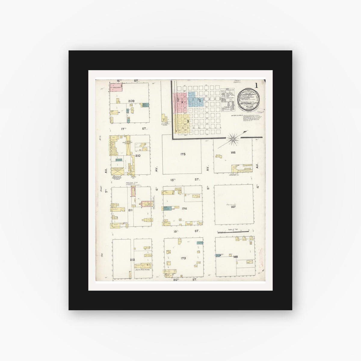 Old map wall art mockup — black gallery frame with white mat — Sanborn Fire Insurance Map from National City, San Diego County, California (1888) - Complete Map Set