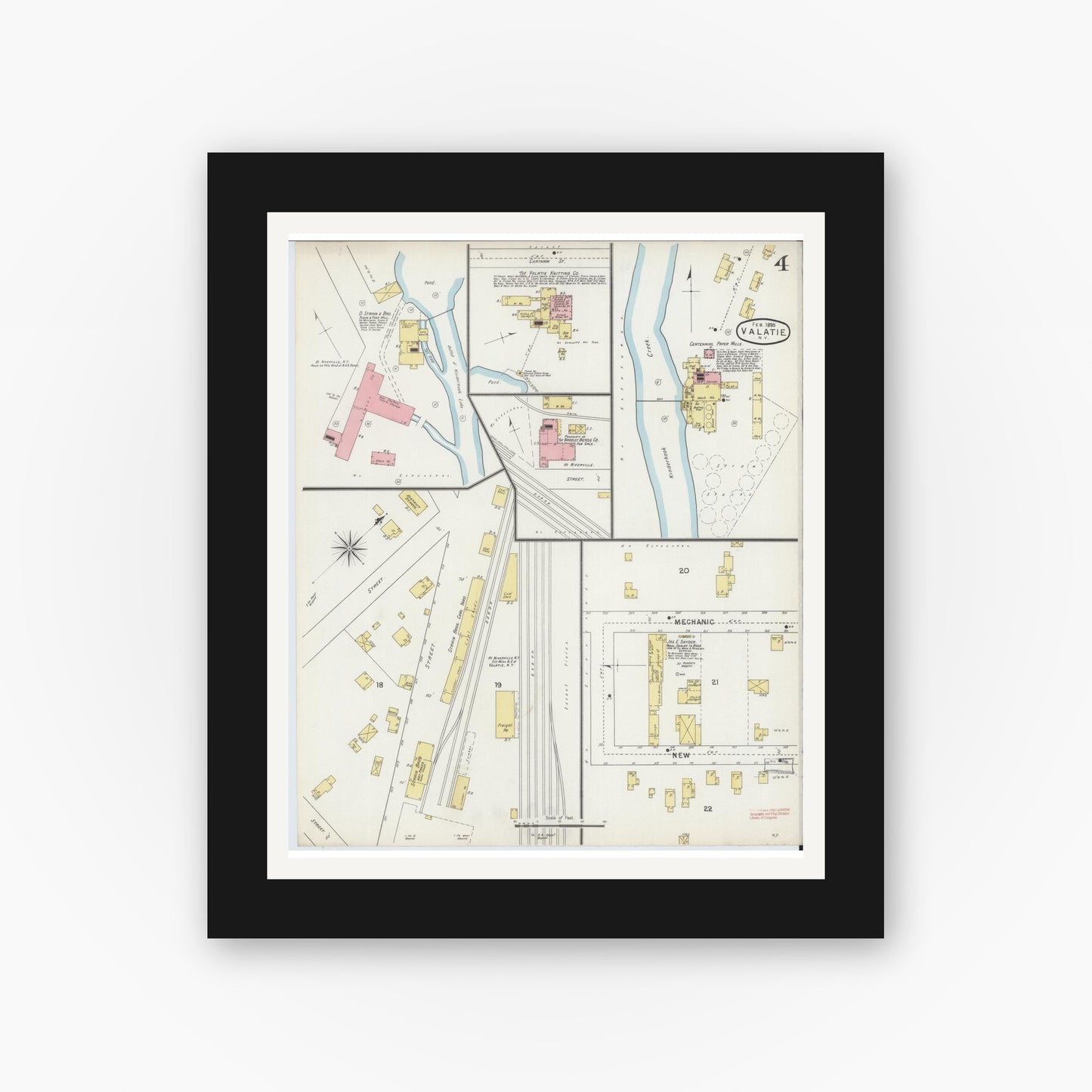 Old map wall art mockup — black gallery frame with white mat — Sanborn Fire Insurance Map from Valatie, Columbia County, New York (1895), Sheet #0004