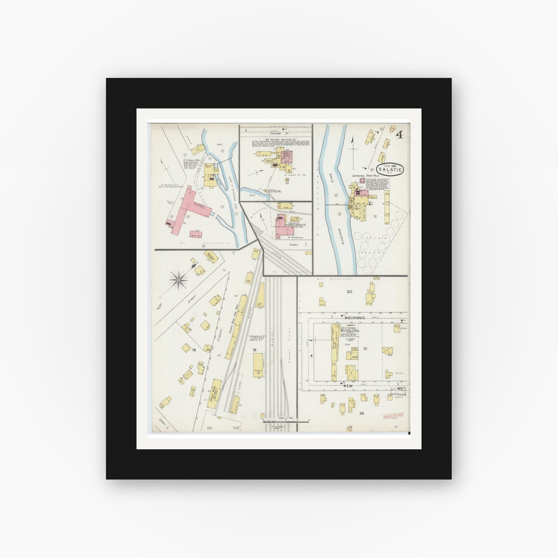 Old map wall art mockup — black gallery frame with white mat — Sanborn Fire Insurance Map from Valatie, Columbia County, New York (1895), Sheet #0004