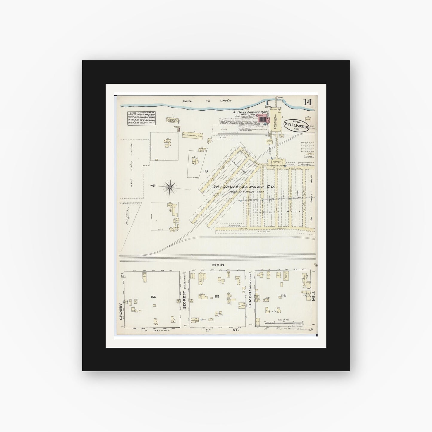 Old map wall art mockup — black gallery frame with white mat — Sanborn Fire Insurance Map from Stillwater, Washington County, Minnesota (1884), Sheet #0014