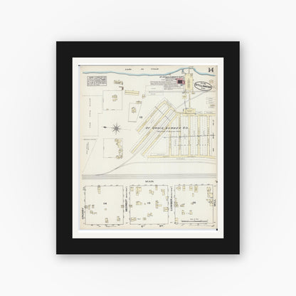 Old map wall art mockup — black gallery frame with white mat — Sanborn Fire Insurance Map from Stillwater, Washington County, Minnesota (1884), Sheet #0014