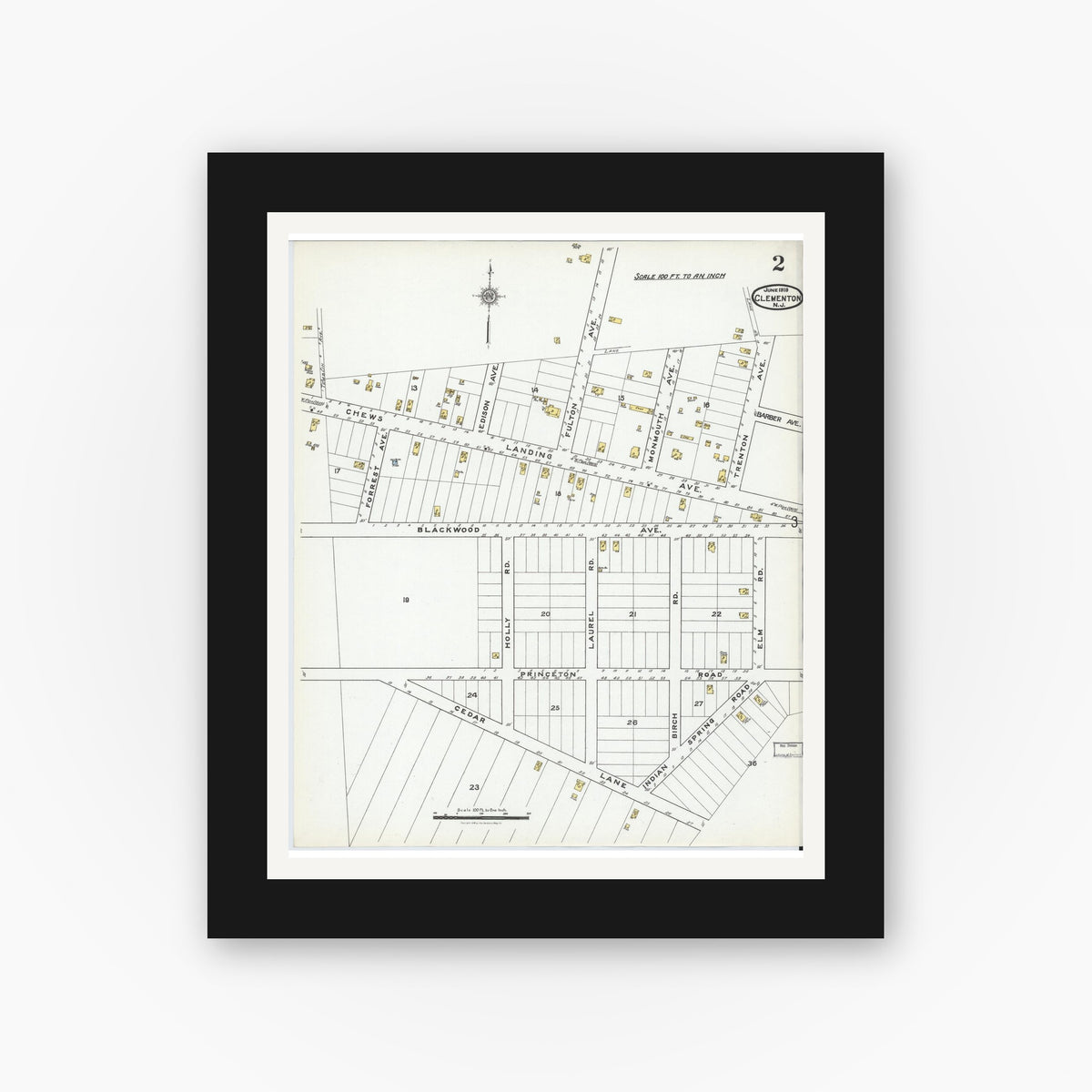 Old map wall art mockup — black gallery frame with white mat — Sanborn Fire Insurance Map from Clementon, Camden County, New Jersey (1919), Sheet #0002