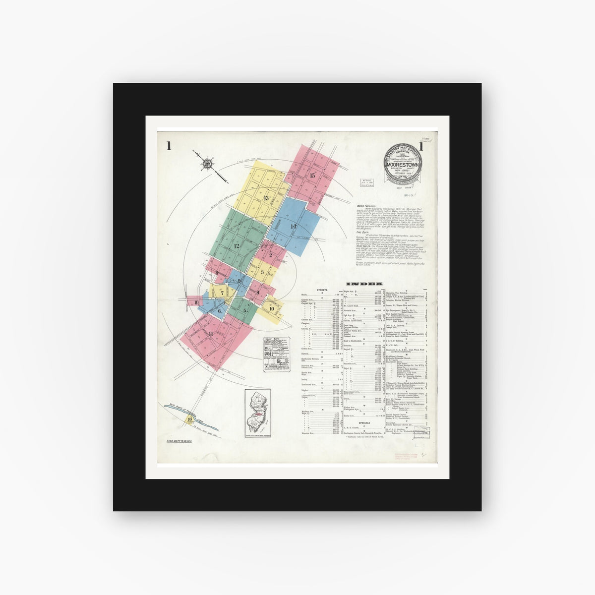 Old map wall art mockup — black gallery frame with white mat — Sanborn Fire Insurance Map from Moorestown, Burlington County, New Jersey (1923), Sheet #0001