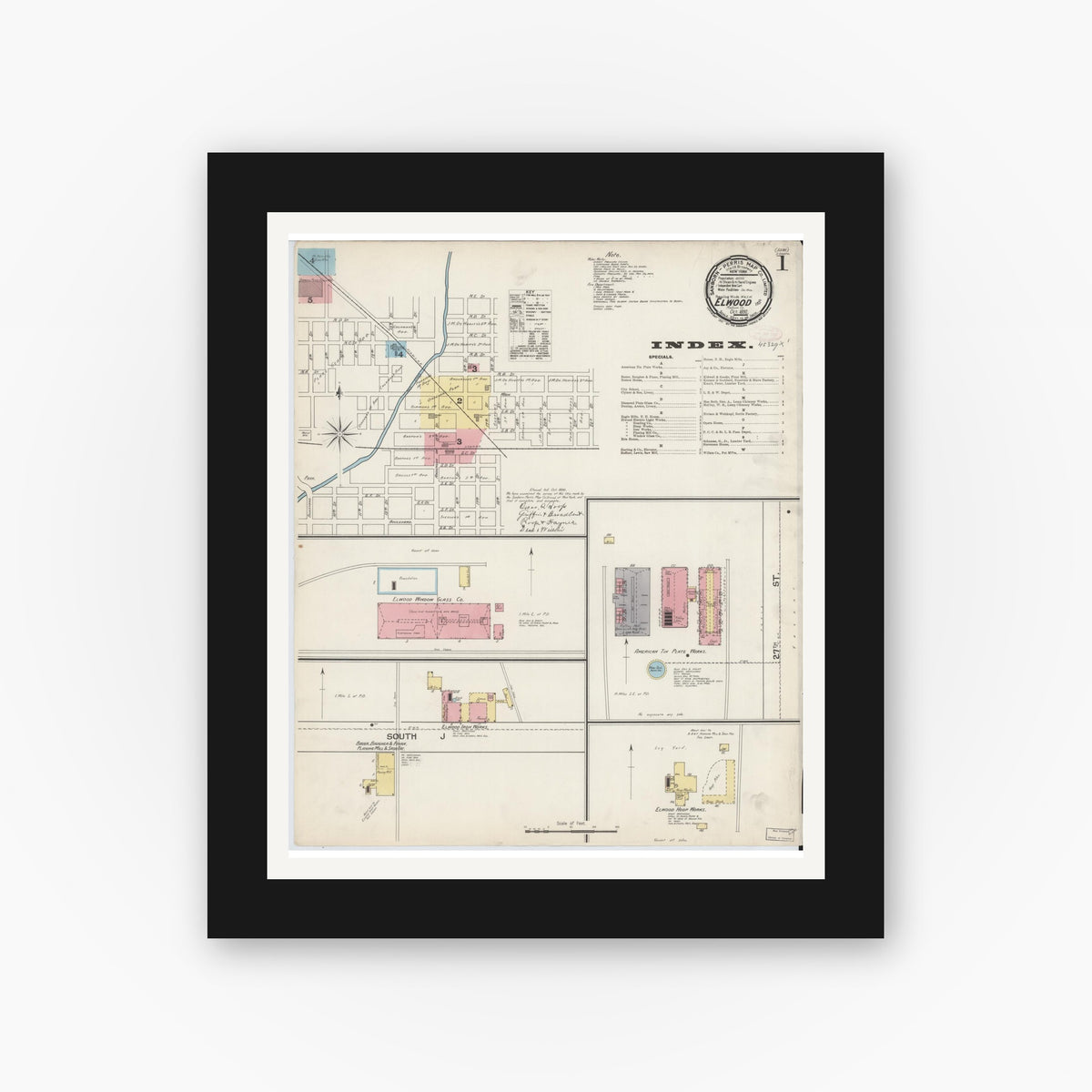 Old map wall art mockup — black gallery frame with white mat — Sanborn Fire Insurance Map from Elwood, Madison County, Indiana (1892), Sheet #0001