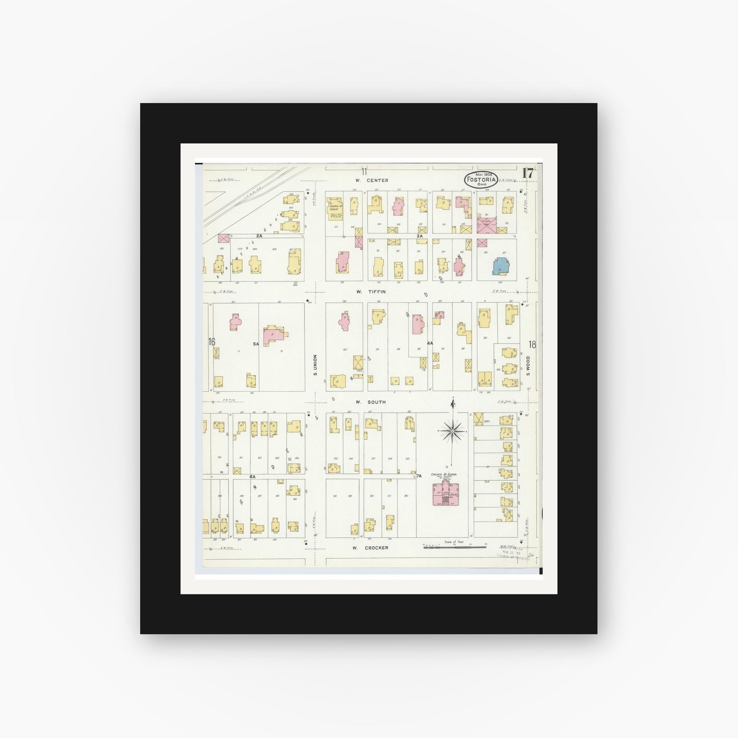 Old map wall art mockup — black gallery frame with white mat — Sanborn Fire Insurance Map from Fostoria, Seneca, Hancock, And Wood Counties, Ohio (1908), Sheet #0017