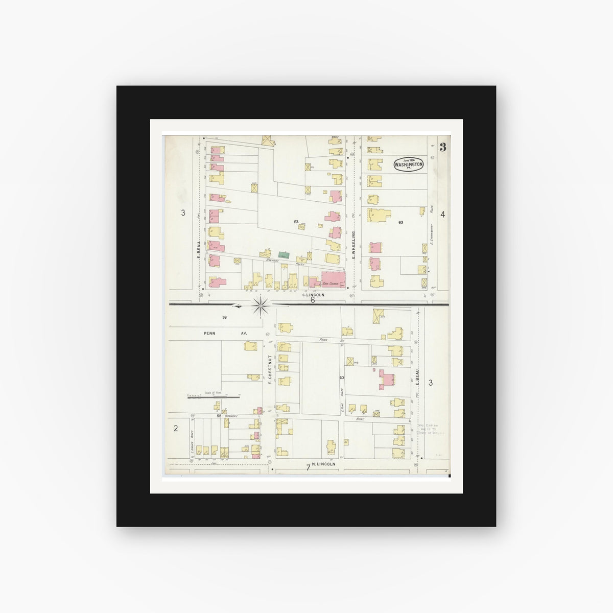 Old map wall art mockup — black gallery frame with white mat — Sanborn Fire Insurance Map from Washington, Washington County, Pennsylvania (1896), Sheet #0003