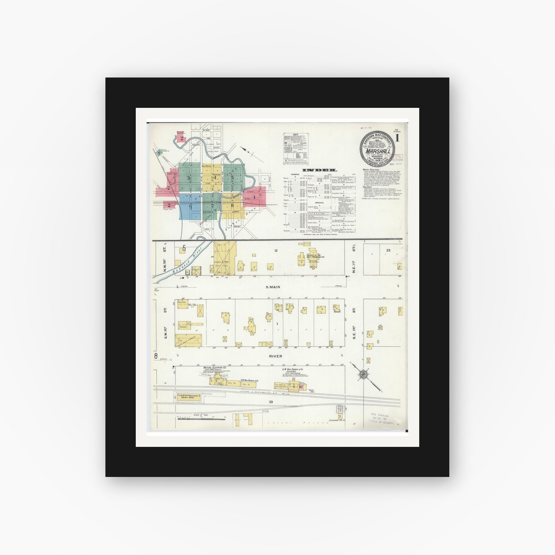 Old map wall art mockup — black gallery frame with white mat — Sanborn Fire Insurance Map from Marshall, Lyon County, Minnesota (1909) - Complete Map Set