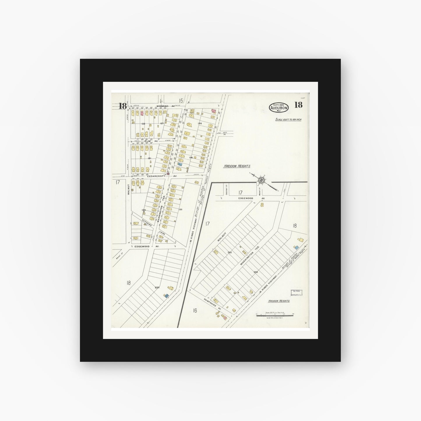 Old map wall art mockup — black gallery frame with white mat — Sanborn Fire Insurance Map from Audubon, Camden County, New Jersey (1924), Sheet #0018