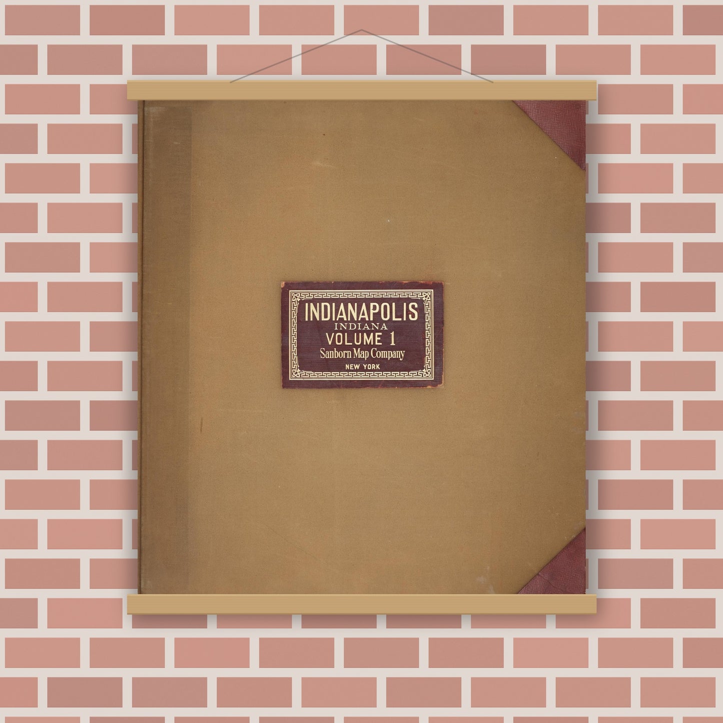 Old map wall art mockup — magnetic wood frame on brick wall — Sanborn Fire Insurance Map from Indianapolis, Marion County, Indiana (1950), Sheet #0001