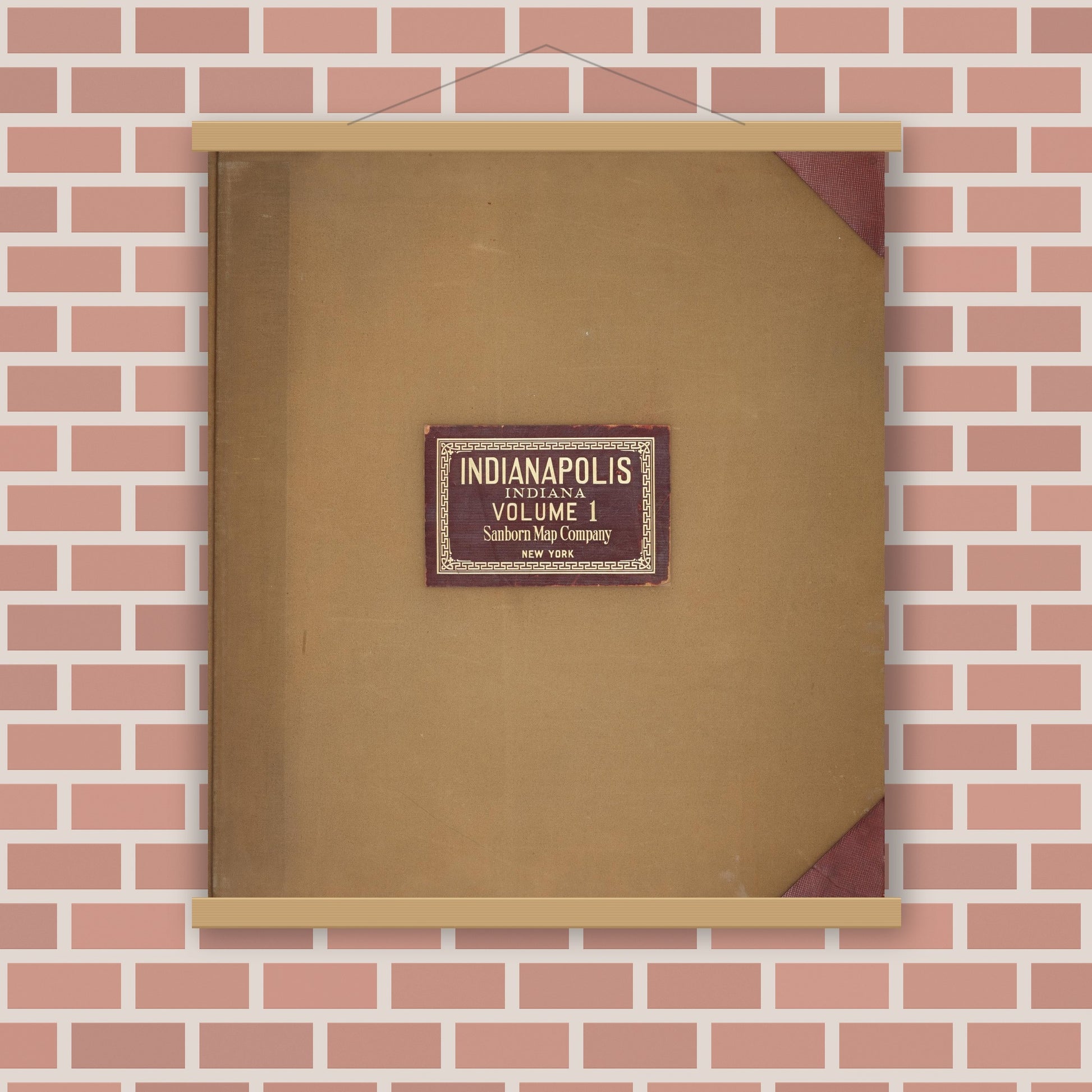 Old map wall art mockup — magnetic wood frame on brick wall — Sanborn Fire Insurance Map from Indianapolis, Marion County, Indiana (1950), Sheet #0001