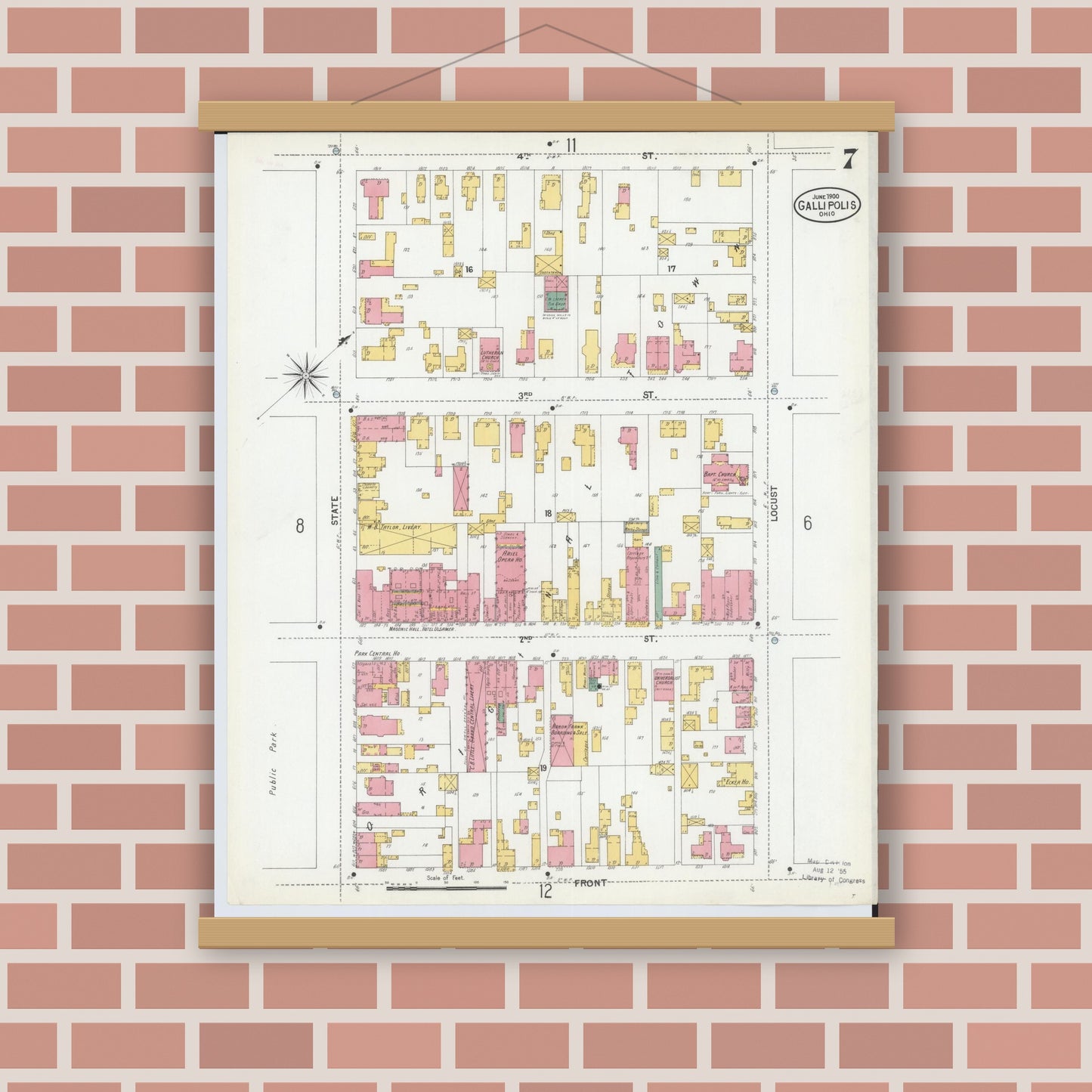 Old map wall art mockup — magnetic wood frame on brick wall — Sanborn Fire Insurance Map from Gallipolis, Gallia County, Ohio (1900), Sheet #0007