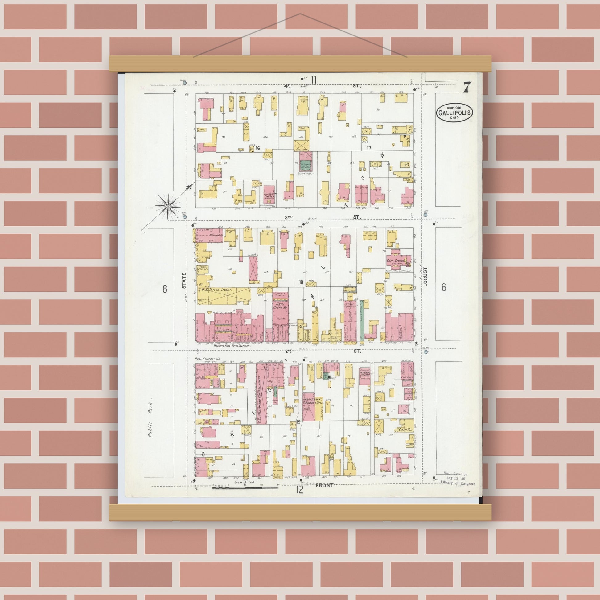 Old map wall art mockup — magnetic wood frame on brick wall — Sanborn Fire Insurance Map from Gallipolis, Gallia County, Ohio (1900), Sheet #0007