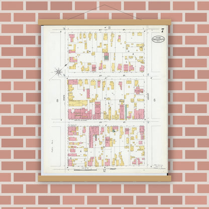 Old map wall art mockup — magnetic wood frame on brick wall — Sanborn Fire Insurance Map from Gallipolis, Gallia County, Ohio (1900), Sheet #0007