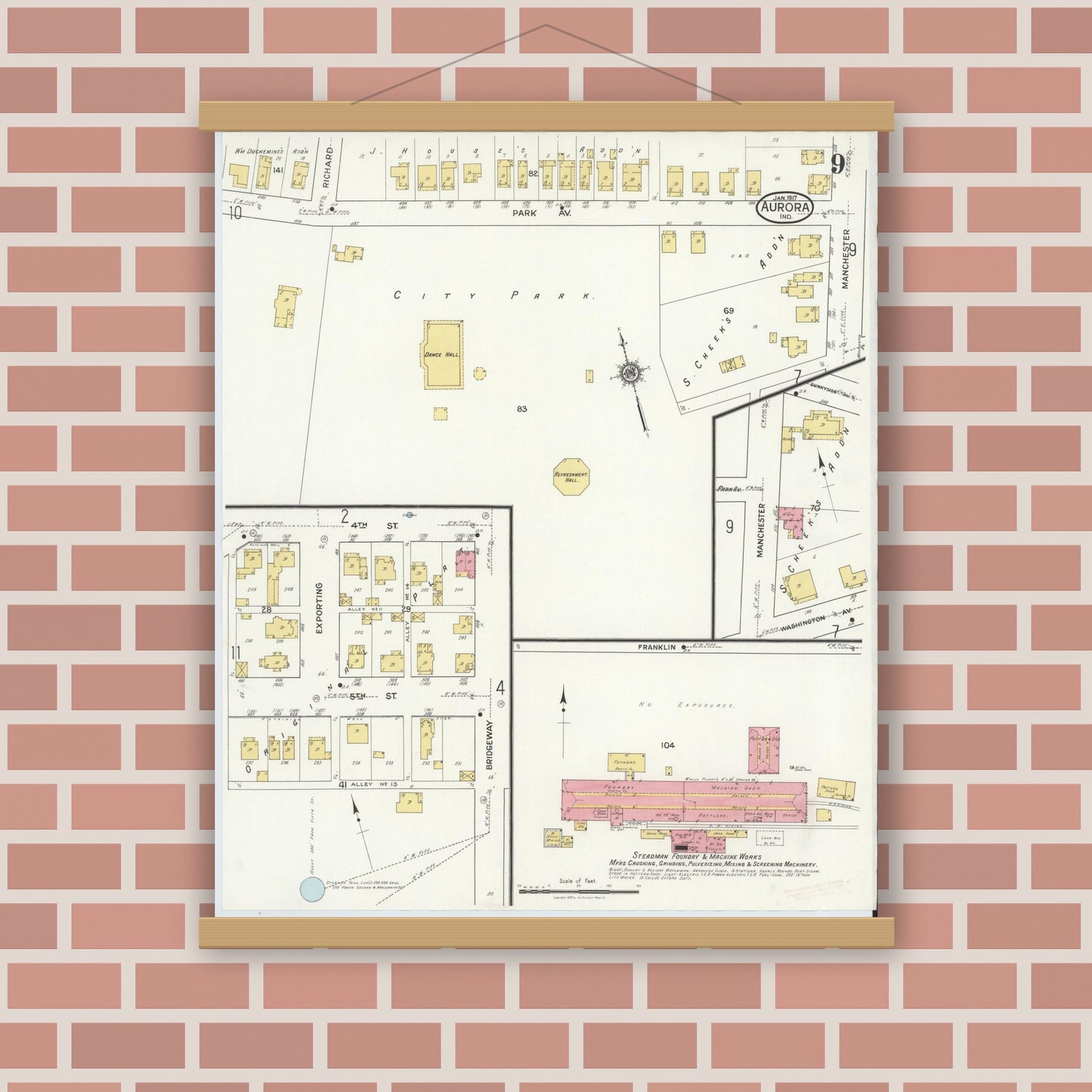 Old map wall art mockup — magnetic wood frame on brick wall — Sanborn Fire Insurance Map from Aurora, Dearborn County, Indiana (1917), Sheet #0009