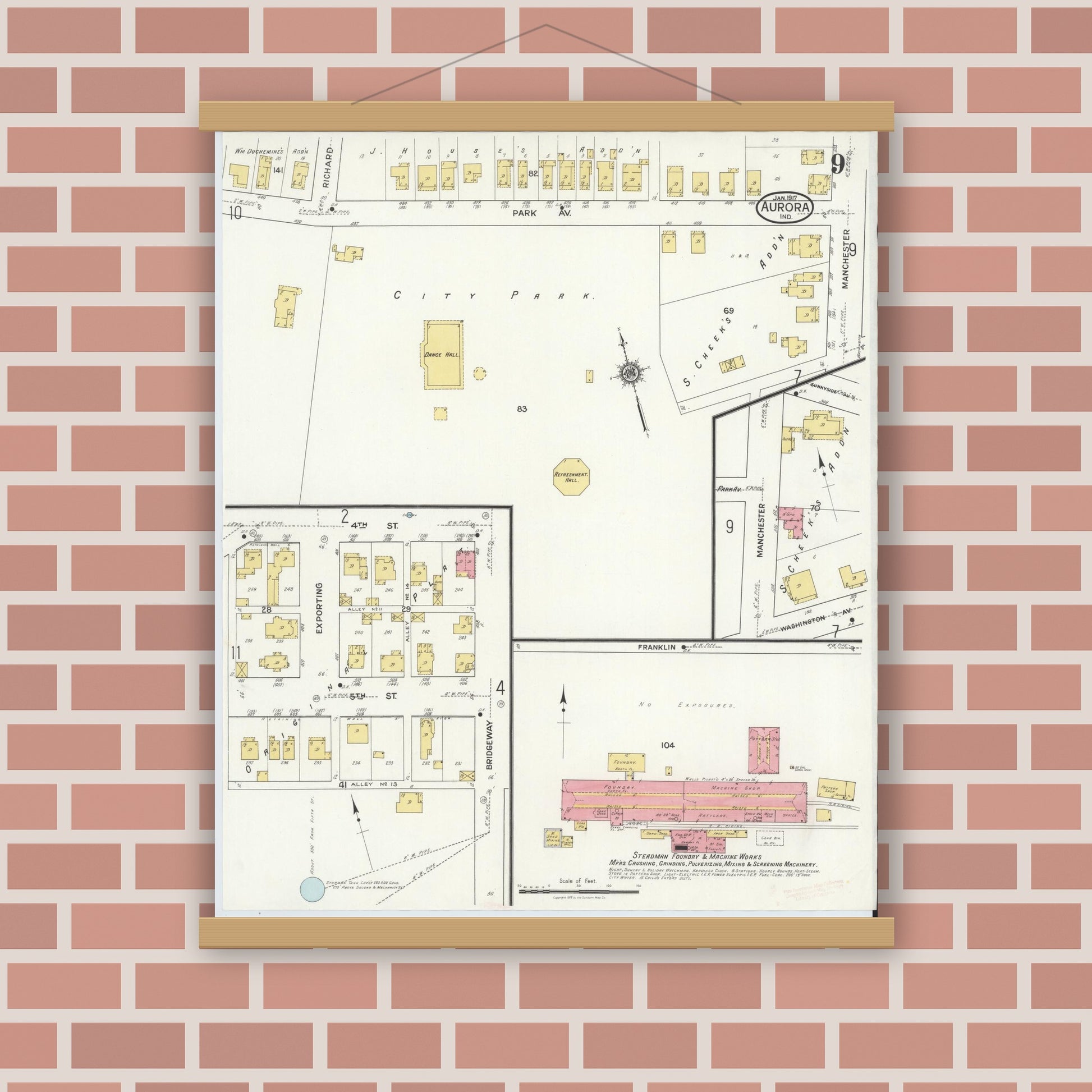 Old map wall art mockup — magnetic wood frame on brick wall — Sanborn Fire Insurance Map from Aurora, Dearborn County, Indiana (1917), Sheet #0009