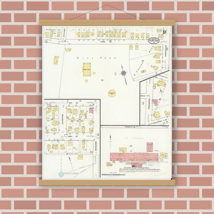 Old map wall art mockup — magnetic wood frame on brick wall — Sanborn Fire Insurance Map from Aurora, Dearborn County, Indiana (1917), Sheet #0009