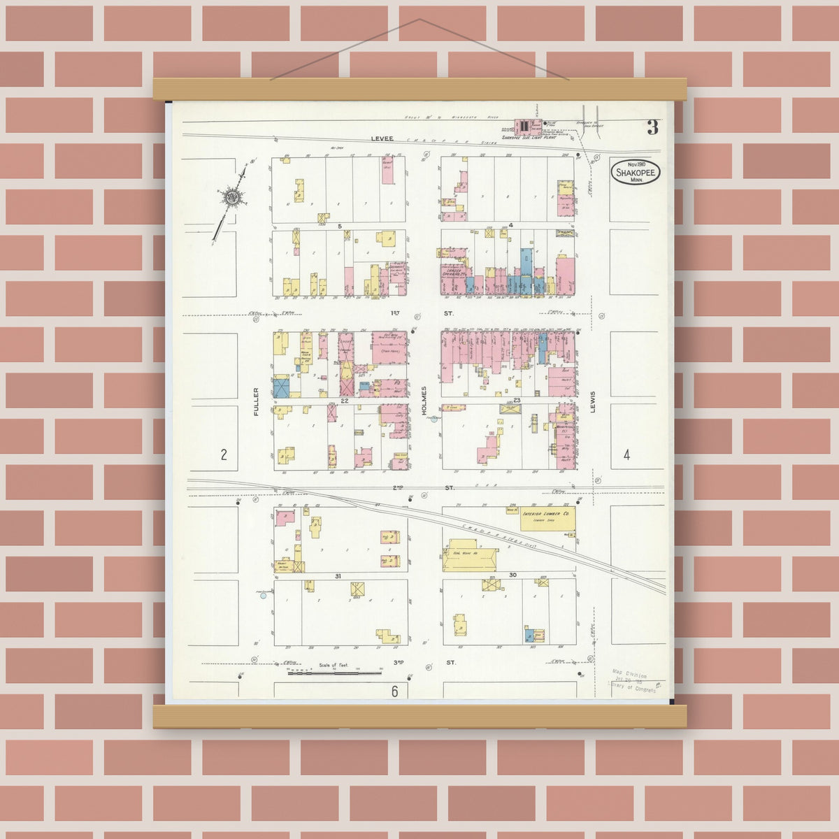 Old map wall art mockup — magnetic wood frame on brick wall — Sanborn Fire Insurance Map from Shakopee, Scott County, Minnesota (1910), Sheet #0003