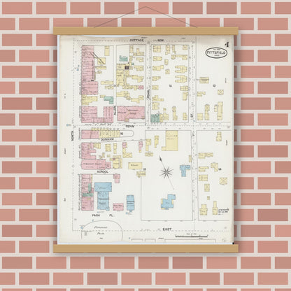 Old map wall art mockup — magnetic wood frame on brick wall — Sanborn Fire Insurance Map from Pittsfield, Berkshire County, Massachusetts (1889), Sheet #0004