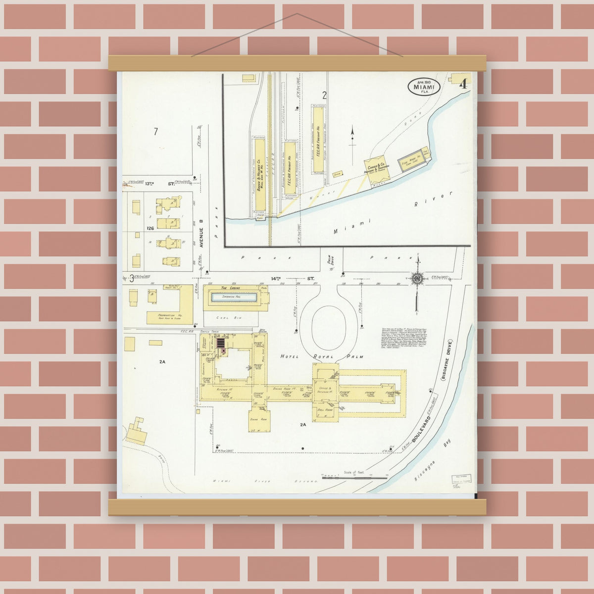Old map wall art mockup — magnetic wood frame on brick wall — Sanborn Fire Insurance Map from Miami, Dade County, Florida (1910), Sheet #0004