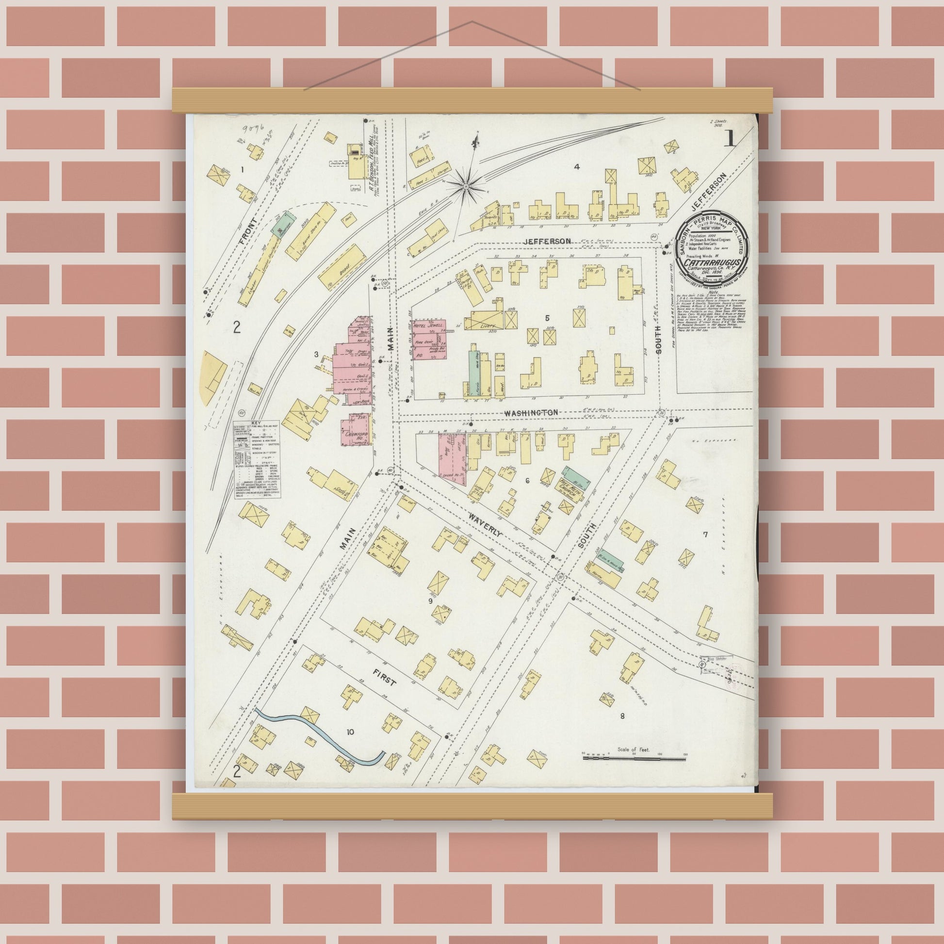 Old map wall art mockup — magnetic wood frame on brick wall — Sanborn Fire Insurance Map from Cattaraugus, Cattaraugus County, New York (1896), Sheet #0001