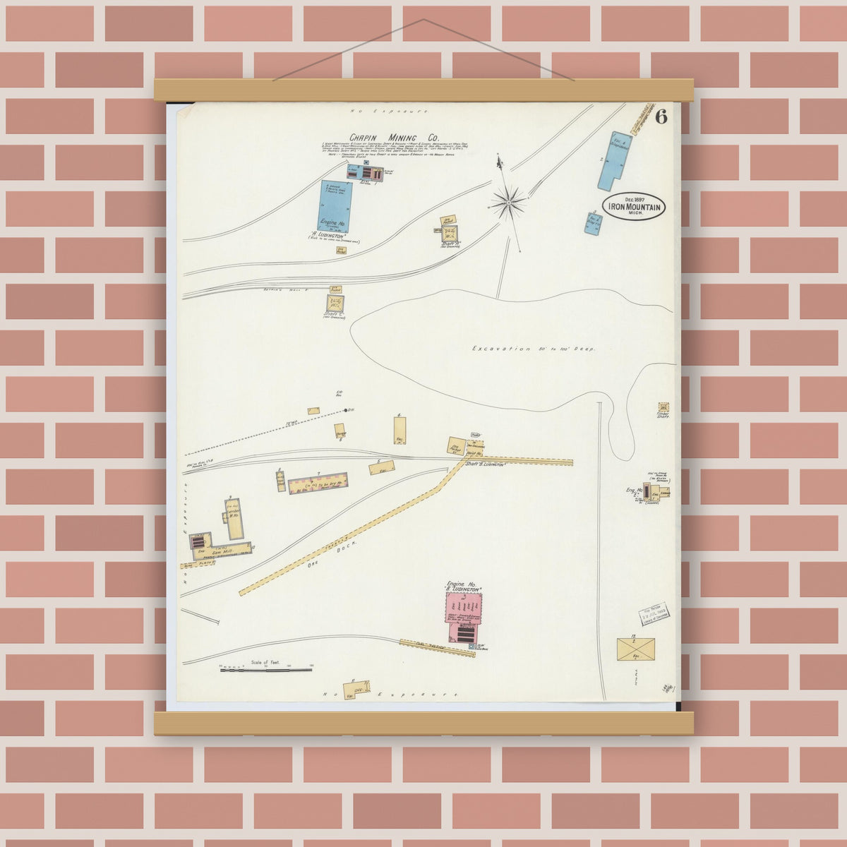 Old map wall art mockup — magnetic wood frame on brick wall — Sanborn Fire Insurance Map from Iron Mountain, Dickinson County, Michigan (1897), Sheet #0006
