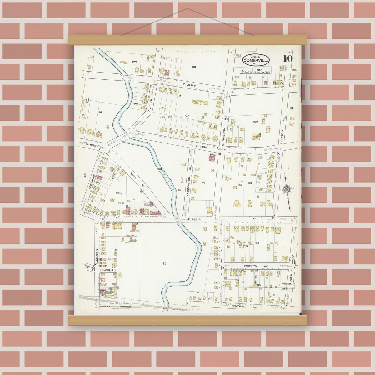 Old map wall art mockup — magnetic wood frame on brick wall — Sanborn Fire Insurance Map from Somerville, Somerset County, New Jersey (1917), Sheet #0010