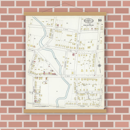 Old map wall art mockup — magnetic wood frame on brick wall — Sanborn Fire Insurance Map from Somerville, Somerset County, New Jersey (1917), Sheet #0010