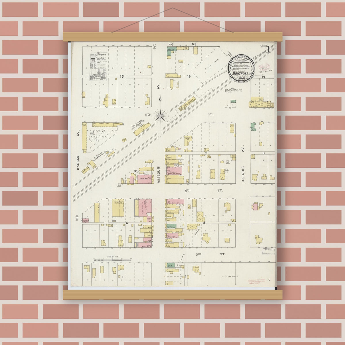 Old map wall art mockup — magnetic wood frame on brick wall — Sanborn Fire Insurance Map from Montrose, Henry County, Missouri (1894), Sheet #0001