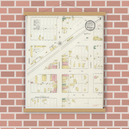 Old map wall art mockup — magnetic wood frame on brick wall — Sanborn Fire Insurance Map from Montrose, Henry County, Missouri (1894), Sheet #0001