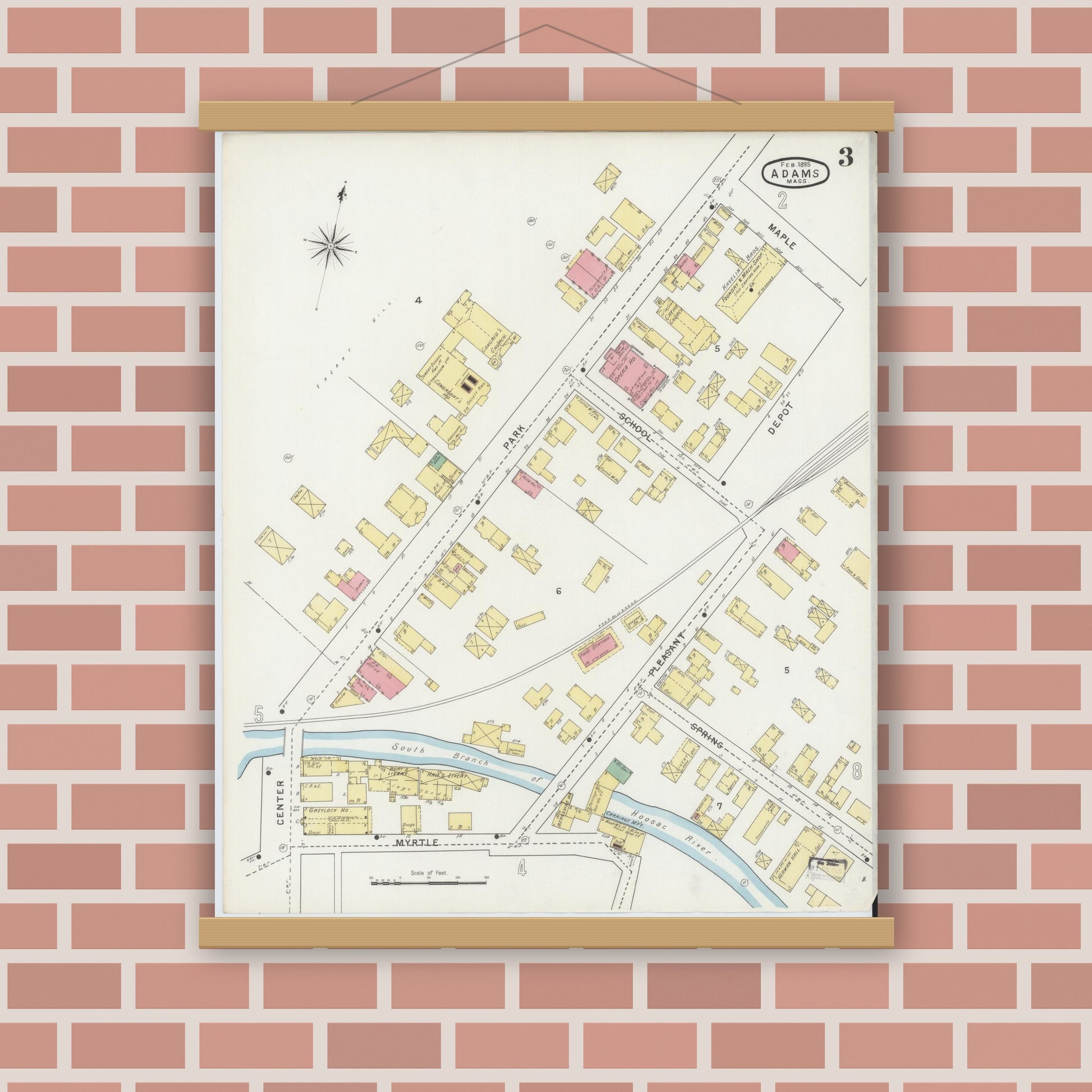 Old map wall art mockup — magnetic wood frame on brick wall — Sanborn Fire Insurance Map from Adams, Berkshire County, Massachusetts (1895), Sheet #0003