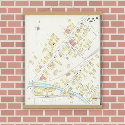 Old map wall art mockup — magnetic wood frame on brick wall — Sanborn Fire Insurance Map from Adams, Berkshire County, Massachusetts (1895), Sheet #0003