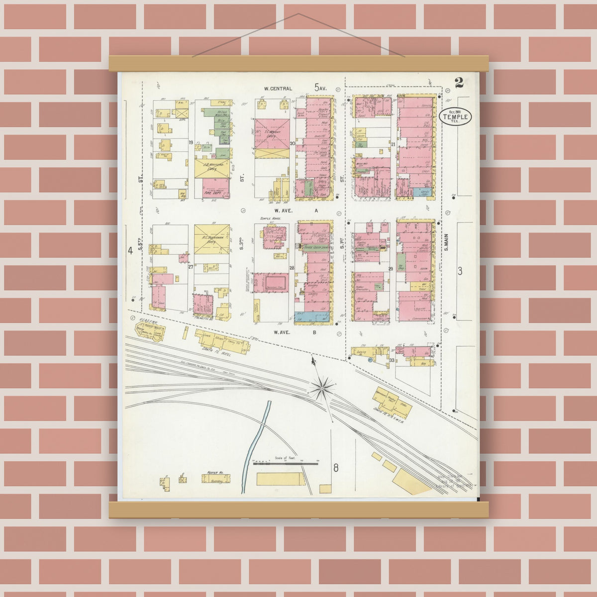 Old map wall art mockup — magnetic wood frame on brick wall — Sanborn Fire Insurance Map from Temple, Bell County, Texas (1900), Sheet #0002