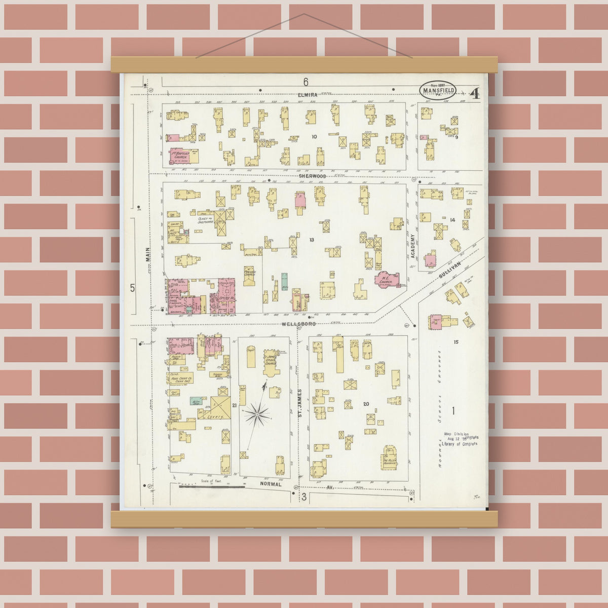 Old map wall art mockup — magnetic wood frame on brick wall — Sanborn Fire Insurance Map from Mansfield, Tioga County, Pennsylvania (1897), Sheet #0004