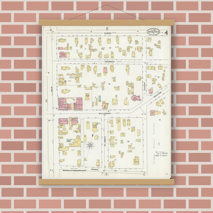 Old map wall art mockup — magnetic wood frame on brick wall — Sanborn Fire Insurance Map from Mansfield, Tioga County, Pennsylvania (1897), Sheet #0004