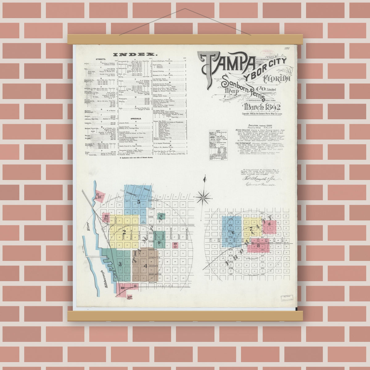 Old map wall art mockup — magnetic wood frame on brick wall — Sanborn Fire Insurance Map from Tampa, Hillsborough County, Florida (1892) - Complete Map Set
