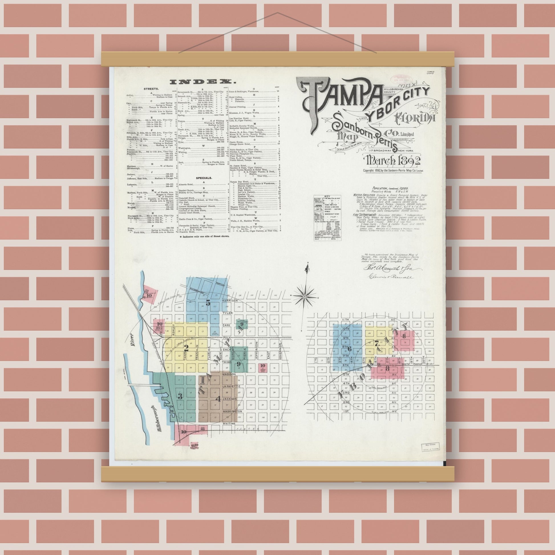 Old map wall art mockup — magnetic wood frame on brick wall — Sanborn Fire Insurance Map from Tampa, Hillsborough County, Florida (1892) - Complete Map Set