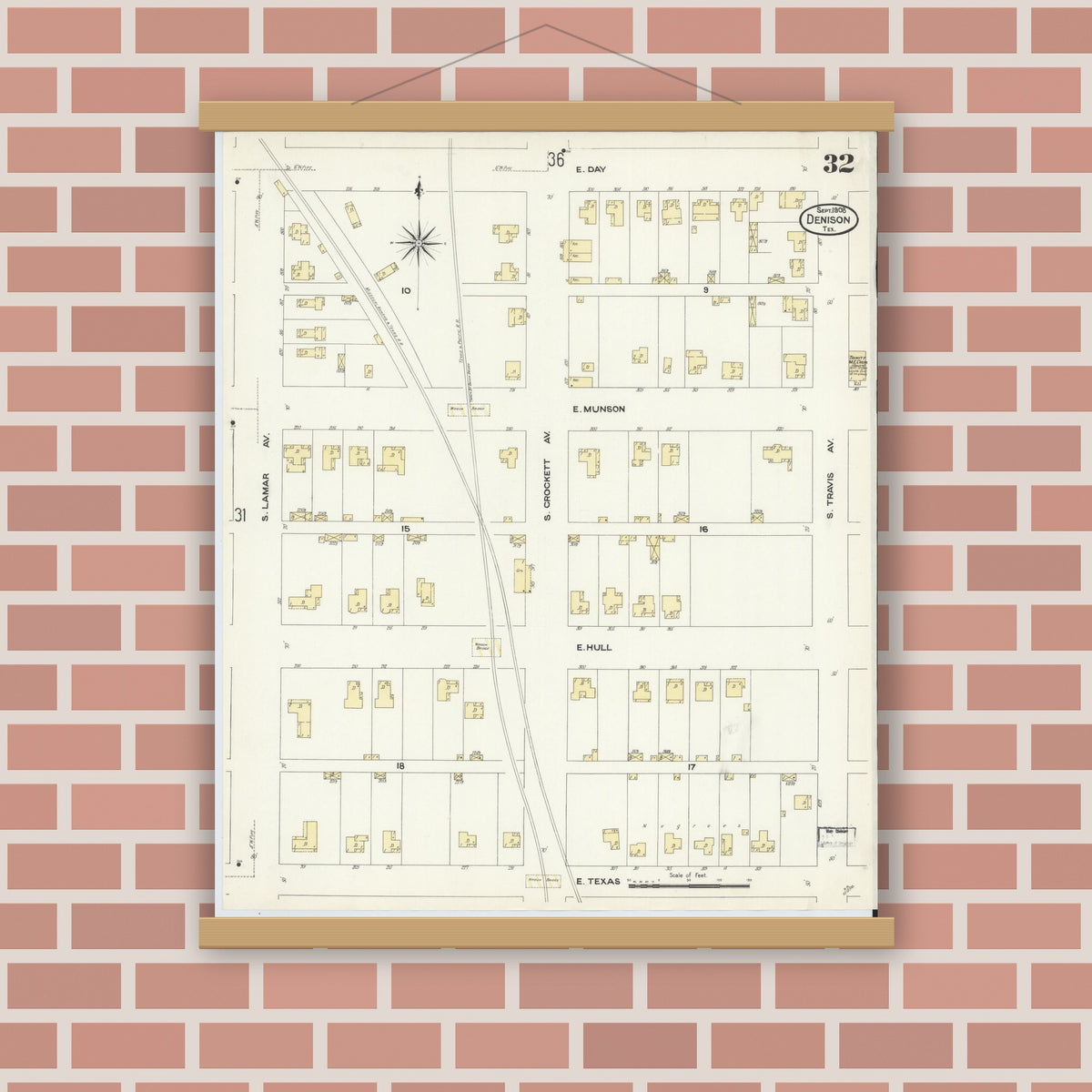 Old map wall art mockup — magnetic wood frame on brick wall — Sanborn Fire Insurance Map from Denison, Grayson County, Texas (1908), Sheet #0032