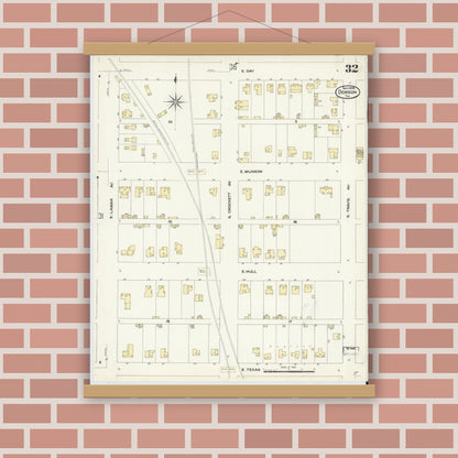 Old map wall art mockup — magnetic wood frame on brick wall — Sanborn Fire Insurance Map from Denison, Grayson County, Texas (1908), Sheet #0032