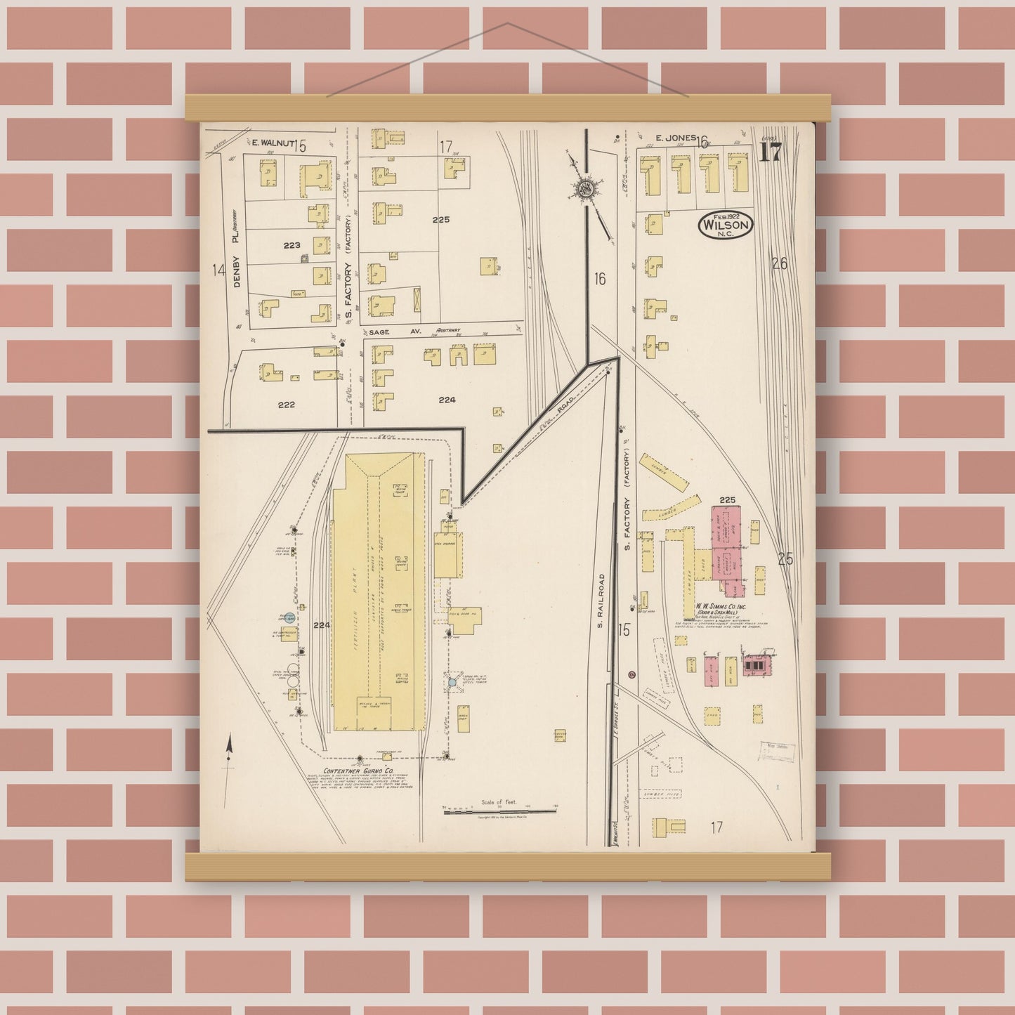 Old map wall art mockup — magnetic wood frame on brick wall — Sanborn Fire Insurance Map from Wilson, Wilson County, North Carolina (1922), Sheet #0017