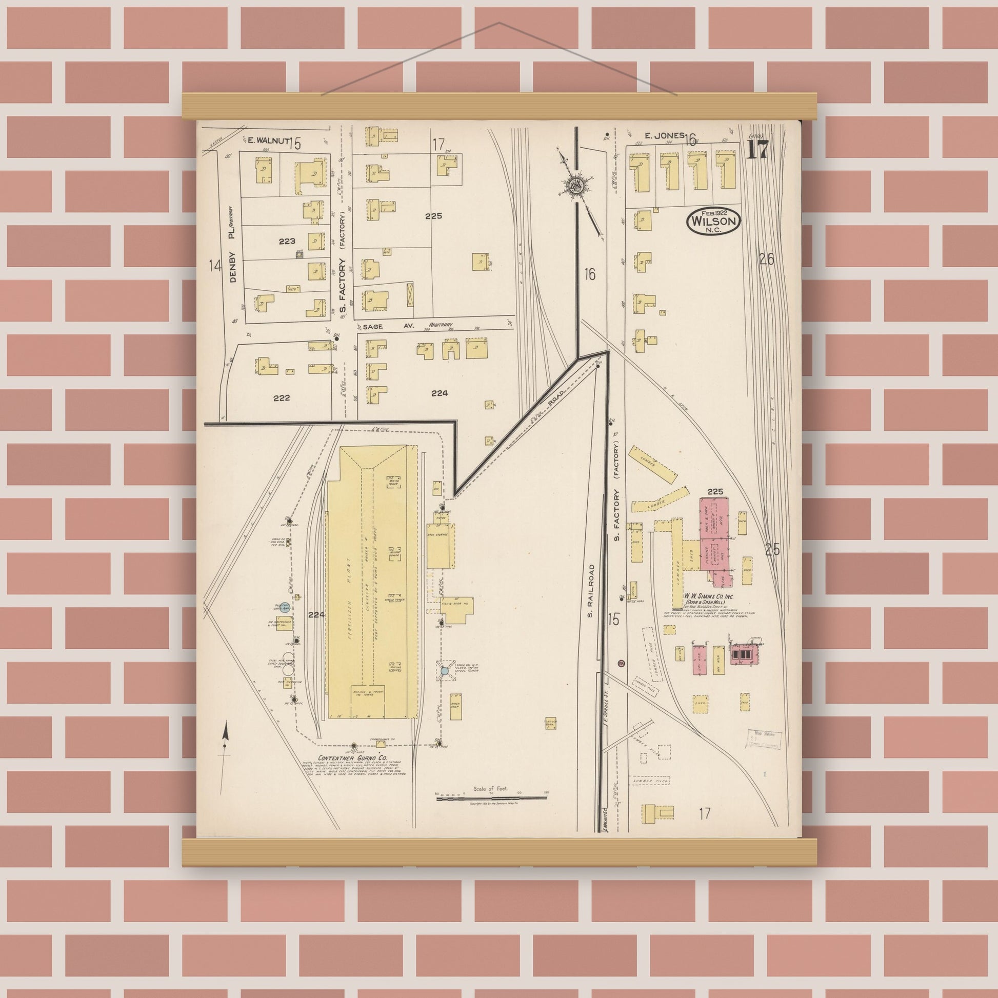 Old map wall art mockup — magnetic wood frame on brick wall — Sanborn Fire Insurance Map from Wilson, Wilson County, North Carolina (1922), Sheet #0017