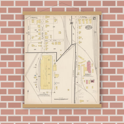 Old map wall art mockup — magnetic wood frame on brick wall — Sanborn Fire Insurance Map from Wilson, Wilson County, North Carolina (1922), Sheet #0017