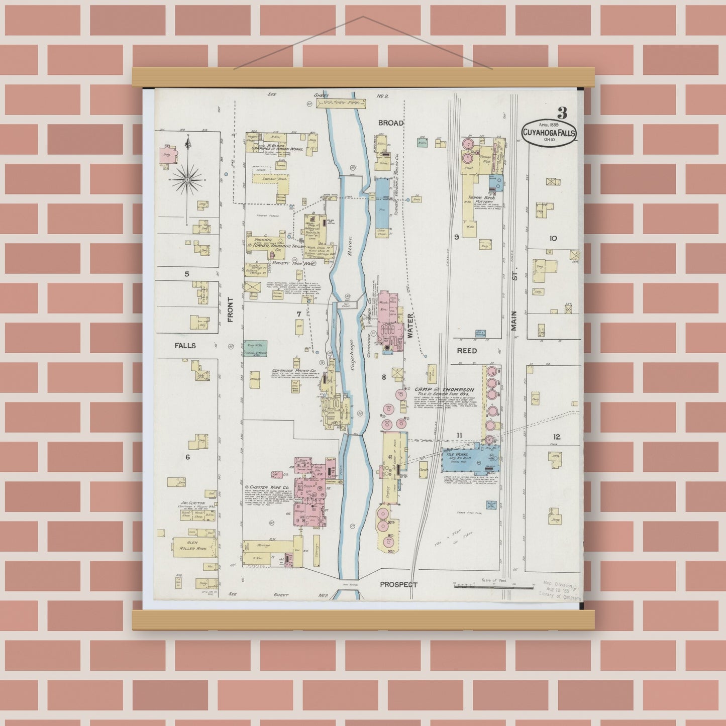 Old map wall art mockup — magnetic wood frame on brick wall — Sanborn Fire Insurance Map from Cuyahoga Falls, Summit County, Ohio (1889), Sheet #0003