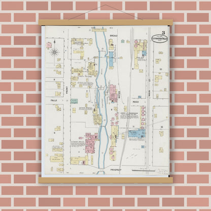 Old map wall art mockup — magnetic wood frame on brick wall — Sanborn Fire Insurance Map from Cuyahoga Falls, Summit County, Ohio (1889), Sheet #0003