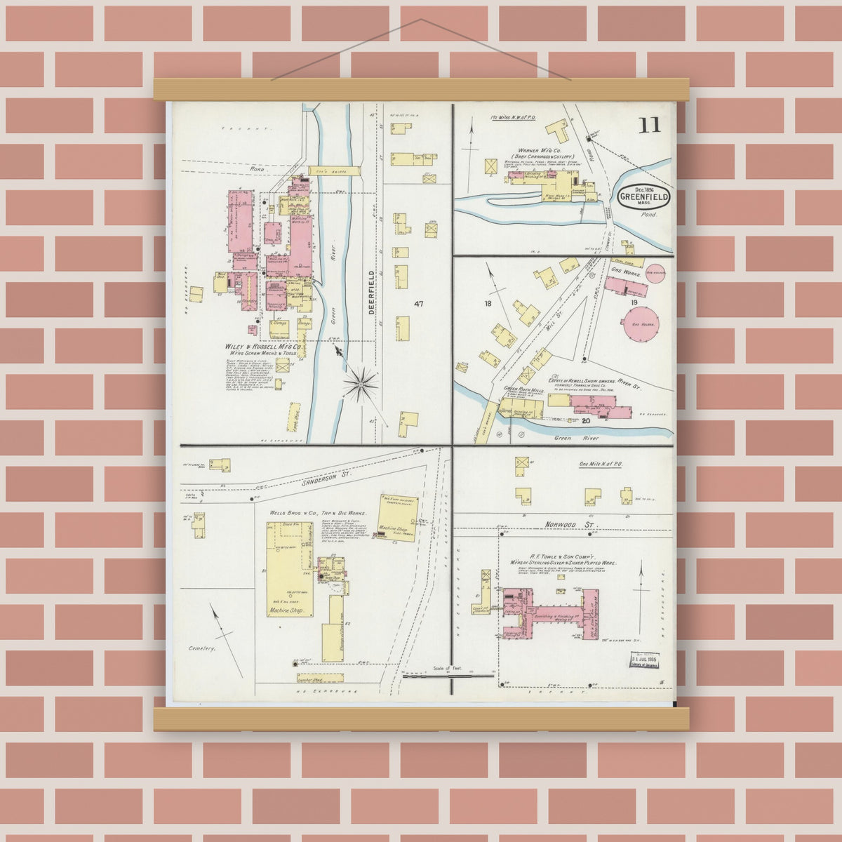 Old map wall art mockup — magnetic wood frame on brick wall — Sanborn Fire Insurance Map from Greenfield, Franklin County, Massachusetts (1896), Sheet #0011