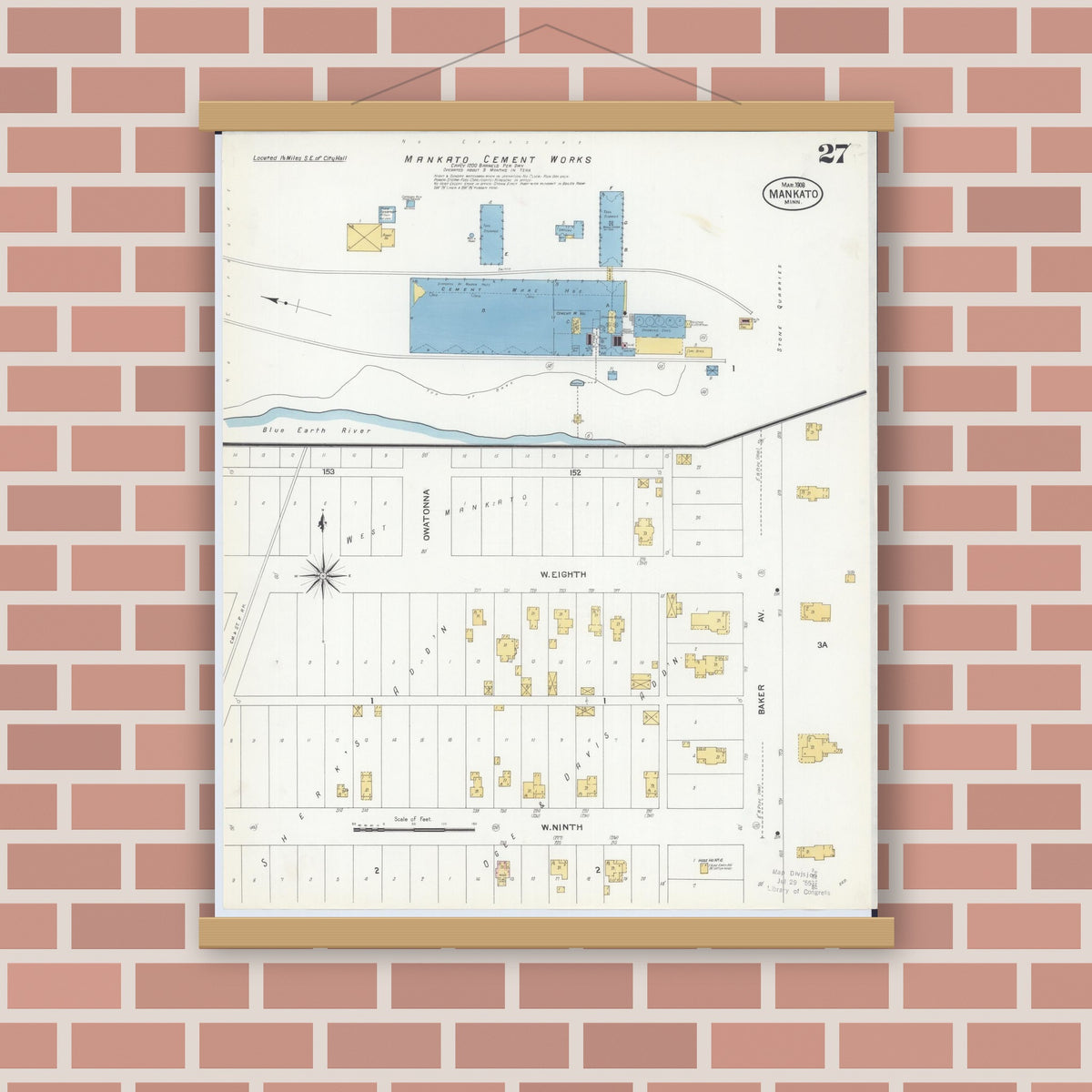 Old map wall art mockup — magnetic wood frame on brick wall — Sanborn Fire Insurance Map from Mankato, Blue Earth County, Minnesota (1908), Sheet #0027